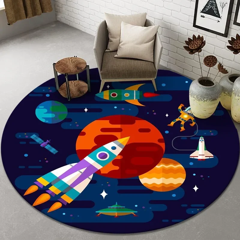 Cartoon Universe Spaceship Round Carpets Living Room Kids Play Floor Rugs Boy Bedroom Decor Bathroom Non-slip Entrance Door Mats