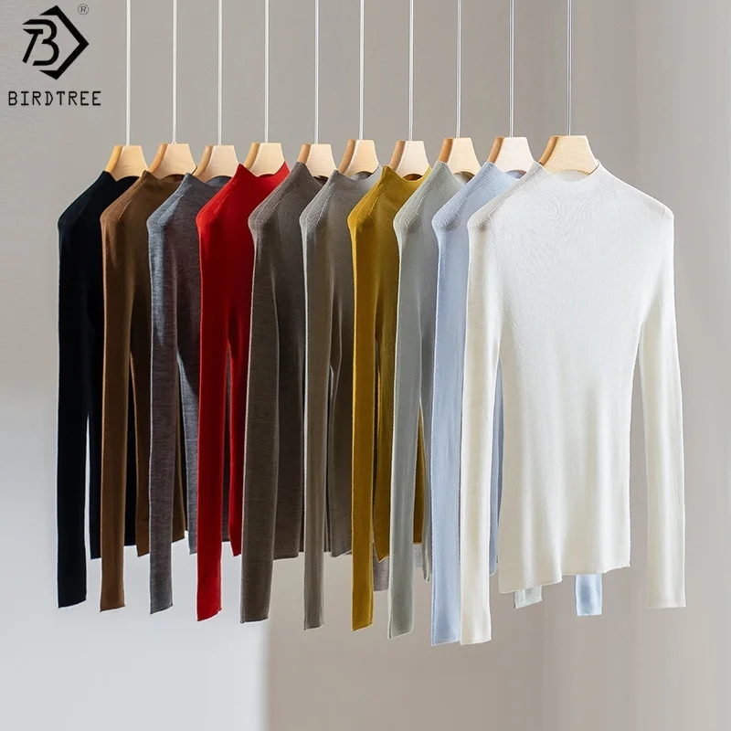 

Birdtree, трикотажная майка из 100% овечьей шерсти, женская бесшовная рубашка с воротником-стойкой, однотонный пуловер осень/зима 2025 T5O002JF