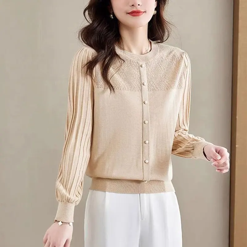 Female Clothing Fashion Hollow Out Blouse Korean Solid Color Spring Autumn Commute Button Loose Casual Round Neck Knitted Shirt