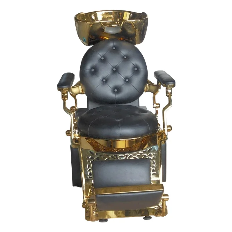

Golden retro shampoo bed, special for barber shop, semi-lying flush barber bed, ceramic basin.