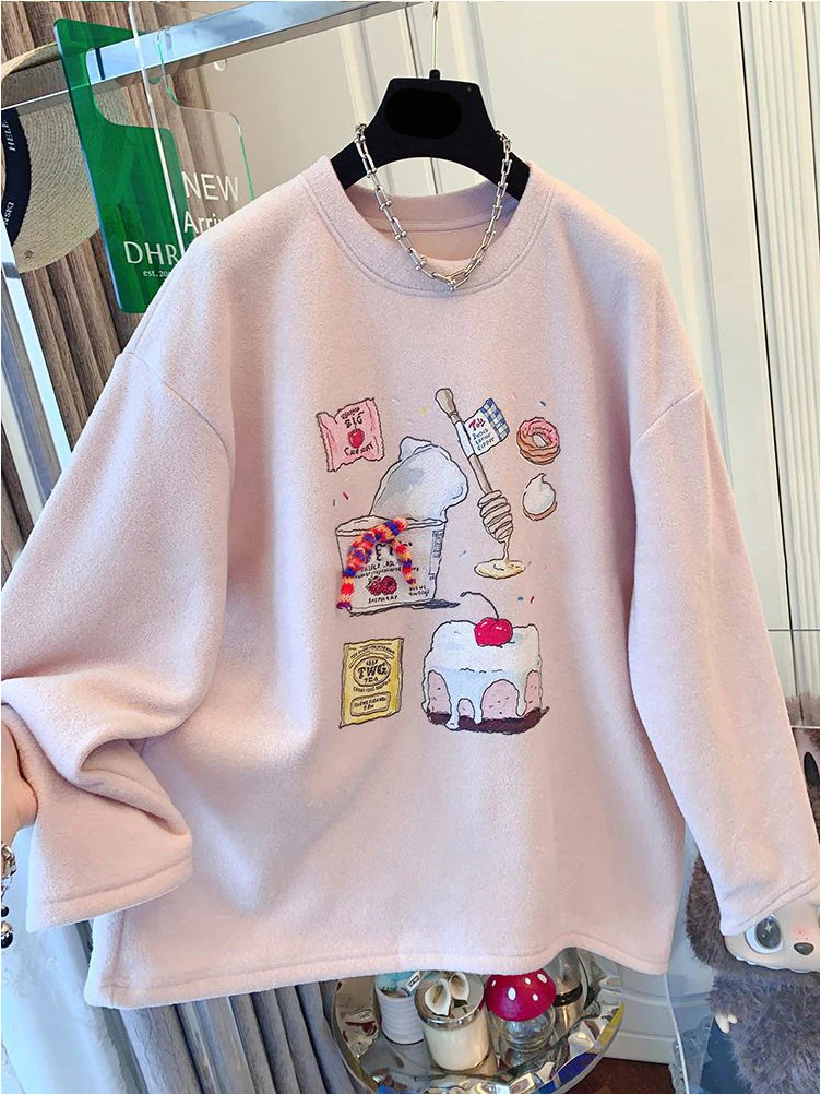 

Pink Cartoon Print Long Sleeve T-Shirt Women's Thick Towel Material Soft Skin-friendly Casual Top Korean Style Commute Fashion