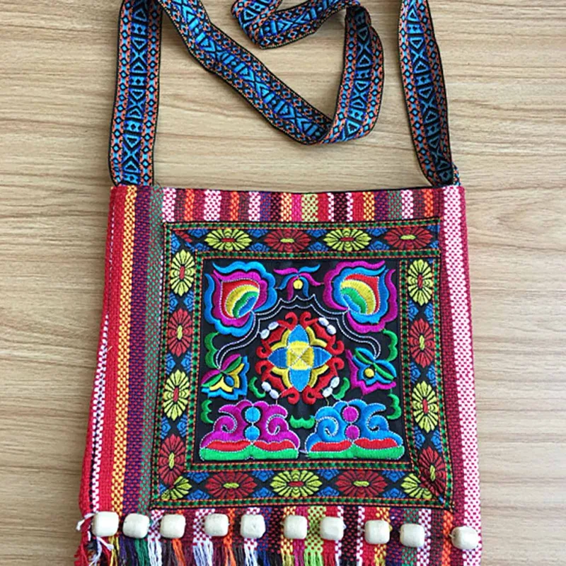 Hmong Tribal Ethnic Purse Thai Indian Boho Shoulder Bag Vintage Message Bags for Women Embroidery Tapestry Tote Tassel Handbags