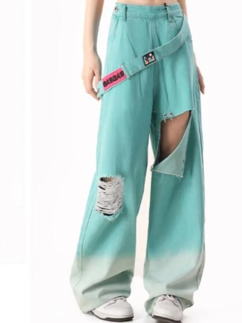 Gradient Broken Hole Denim Jeans High Wasit Straight Loose Wide Leg Trousers Y2k Aesthetic Punk E-girls Pantalones Femininos