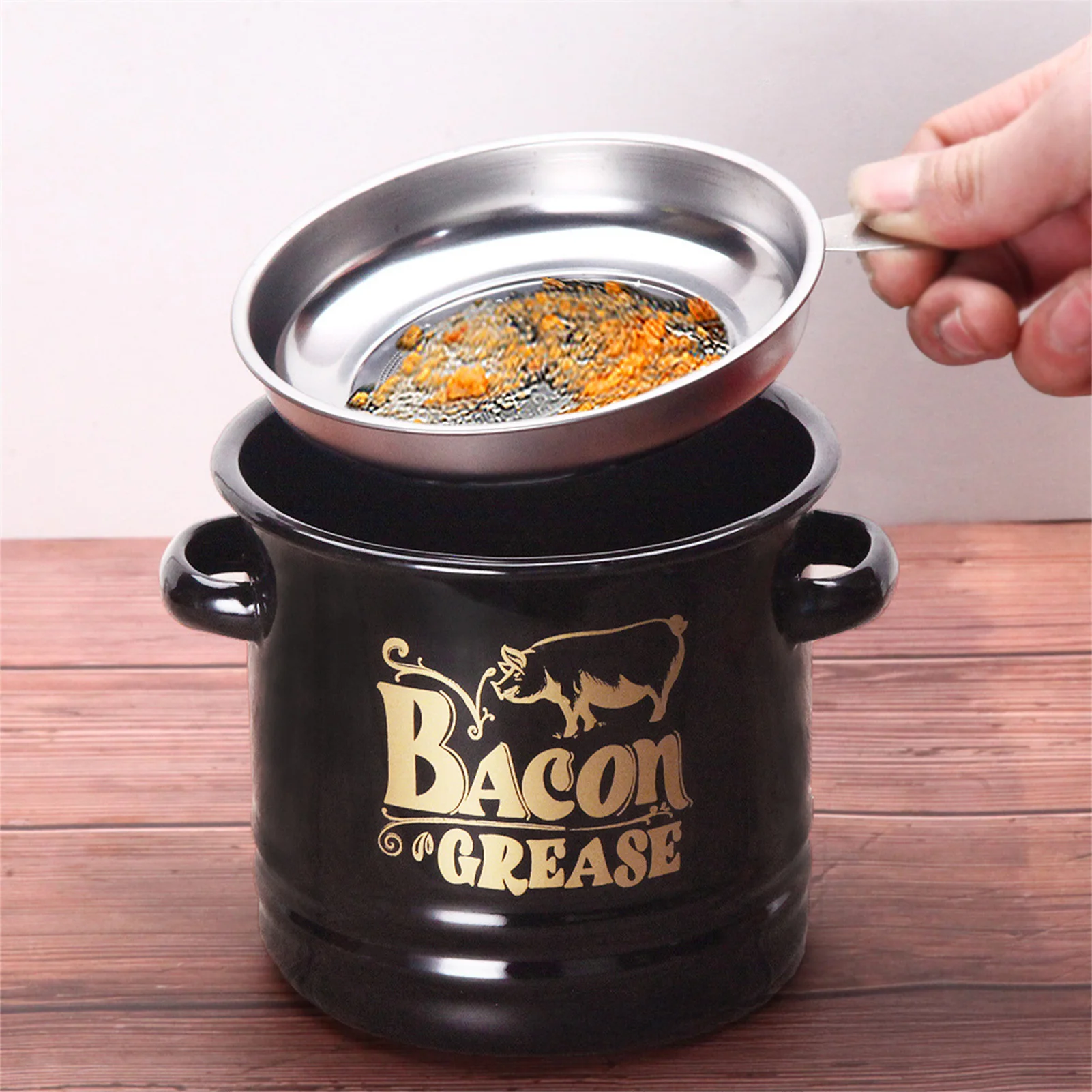 Enamel Bacon Grease Container with Fine Mesh Strainer and Silicone Spatula For Cooking Oil Lard Coconut Oil Camping Kitchen Tool