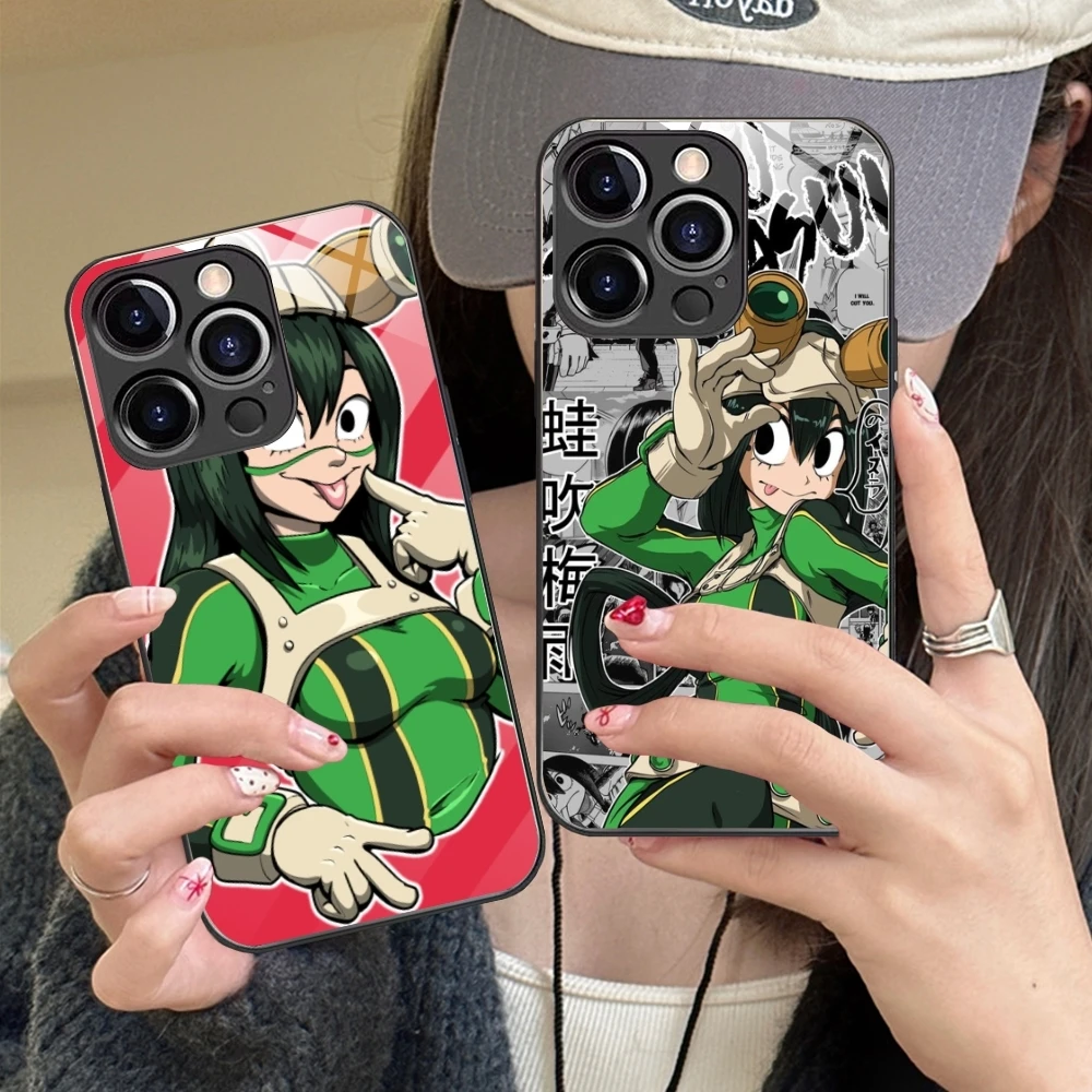 Hero Tsuyu Asui Froppy Cell Phone Case for iPhone 15 14 13 12 11 X XR XS 8 Pro Max Plus Mini PC Glass Phone Cover Shell