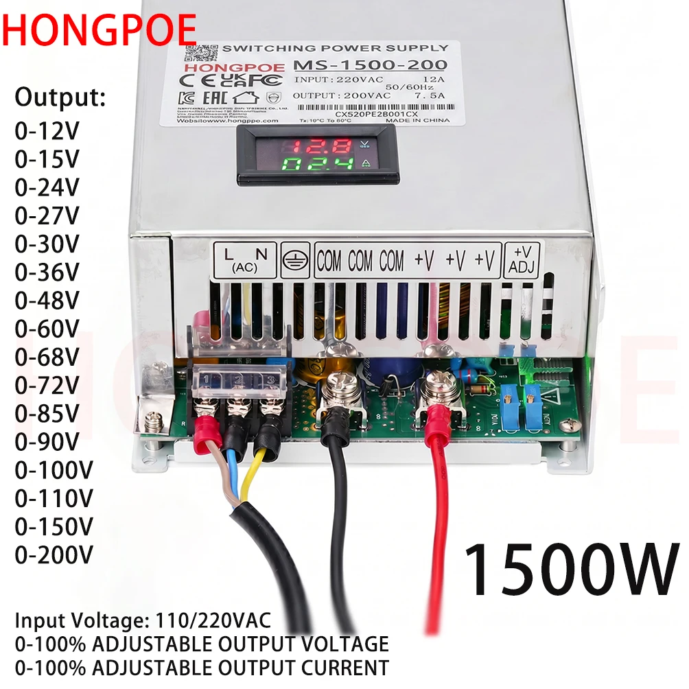 1500W Digitales Display Einstellbares Schaltnetzteil 0-12V 24V 48V 60V 72V 110V 150V 200V 110/220V AC/DC Einzel-Ausgang SMPS