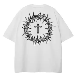 Men Streetwear Cross Graphic Print T-Shirt Summer Washed Black T Shirt Hip Hop Oversized Harajuku Tshirt Cotton Top Tee