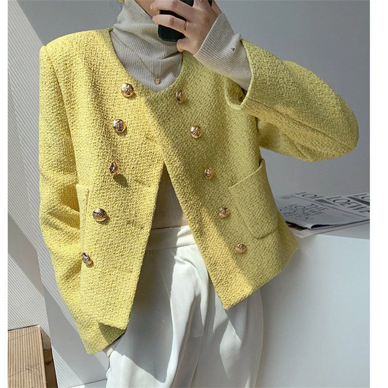 Double breasted Woolen Coat for Women\'s Autumn and Winter New Slim Fit Fashion Short Knit Thick Tweed Suit Jacket Blazer Yellow