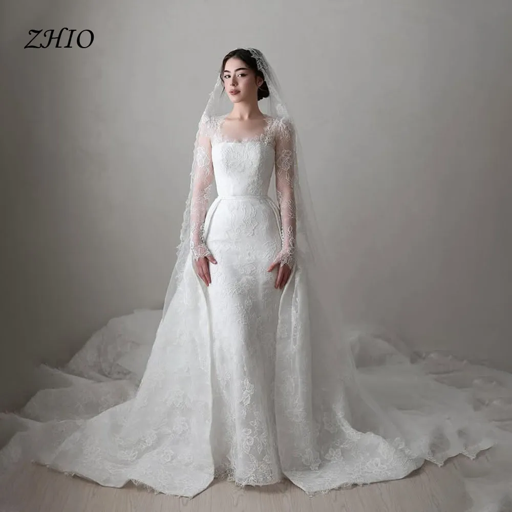 ZHIO Vintage Ivory Lace Wedding Dress Square Collar Full Sleeve Draped A-Line Floating Sweep Train Bridal Gown Customized