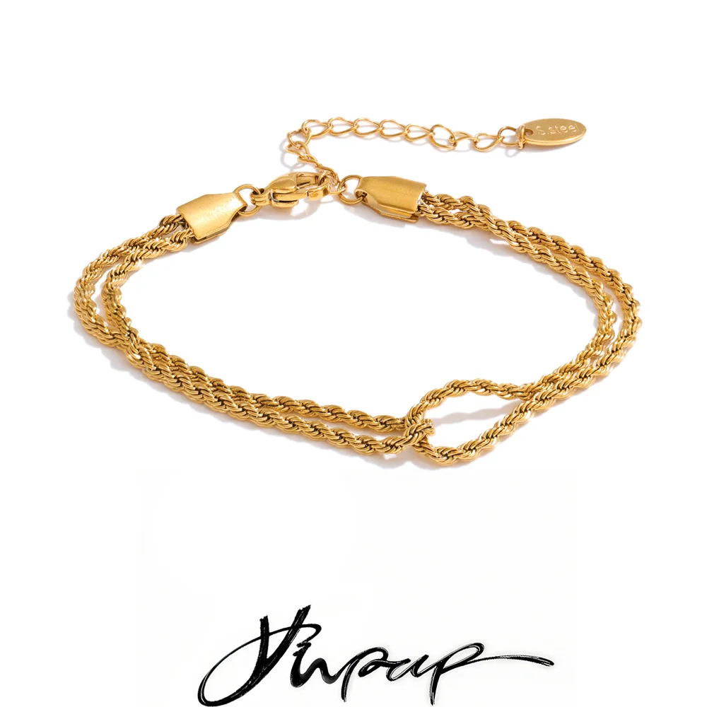 Yhpup Stainless Steel Double-Layer Chain Knot Bracelet Bangle Water Resistant Metal Fashion Basic Popular Jewelry Gift Wholesale