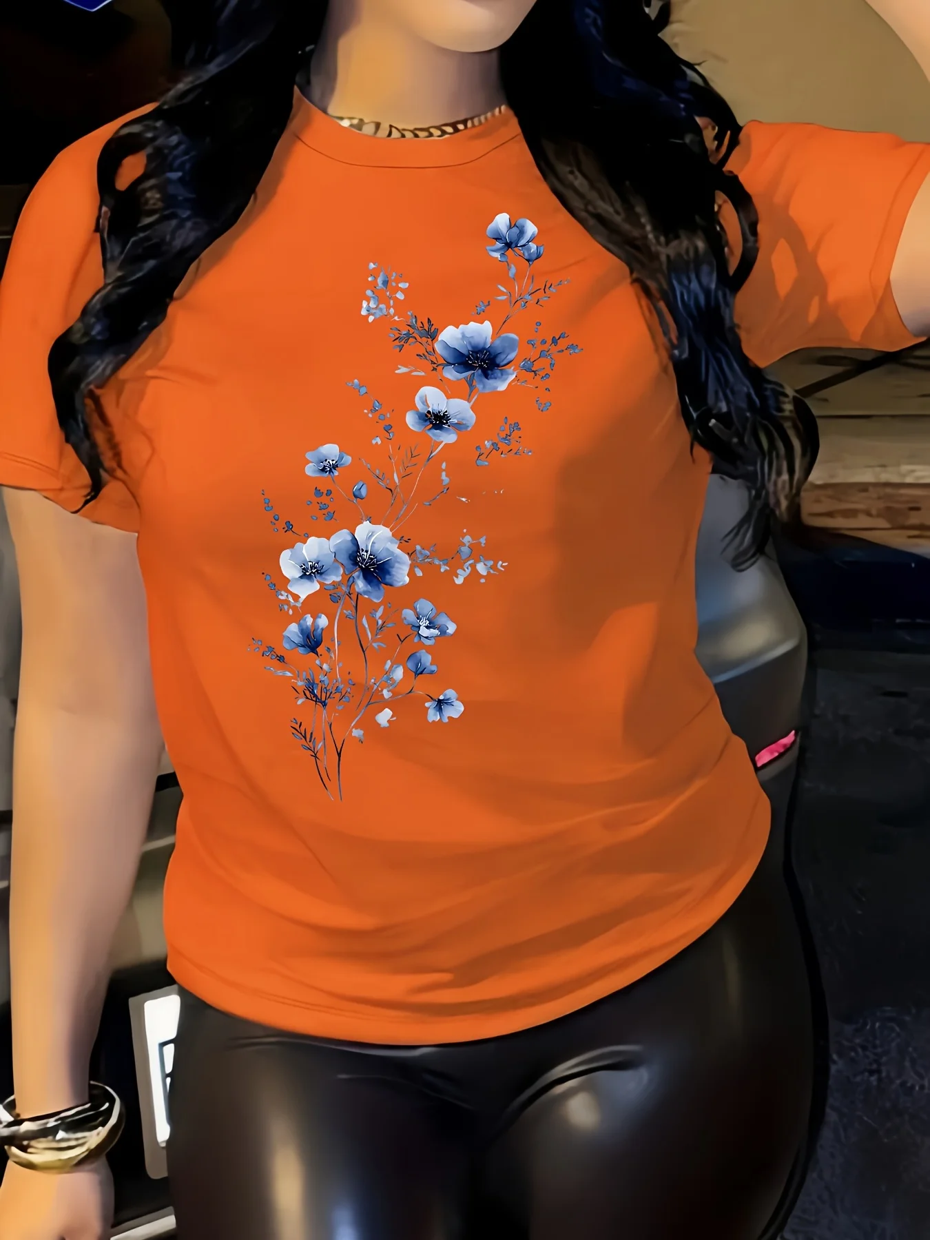 Blue Floral Branch Women's Tee - Delicate Watercolor Graphic, Casual Orange Top