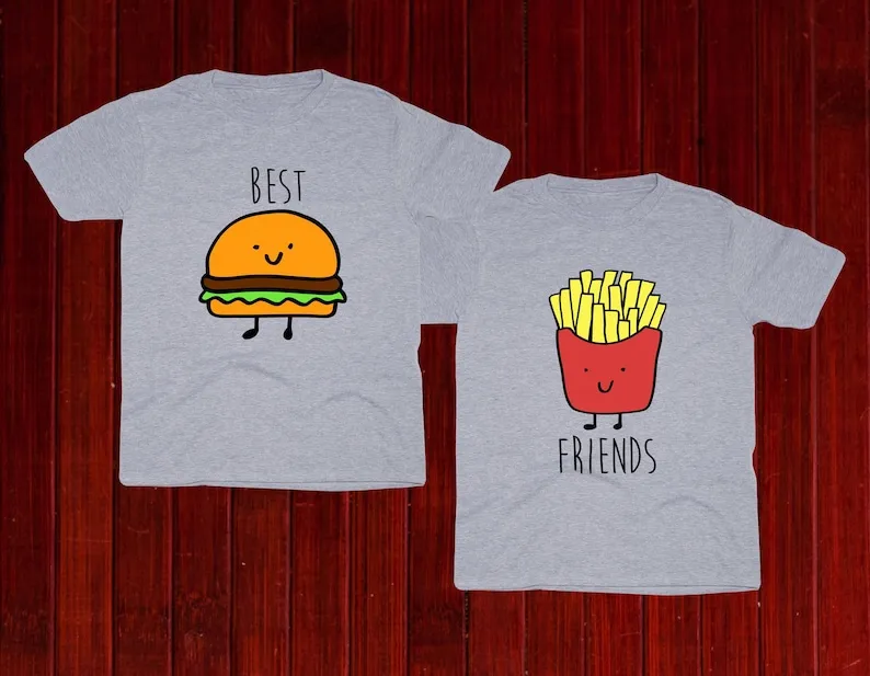 Best Friend Matching Matching Burger and Fries Tees Matching Couple  Cute Friends Foodie Shirts High Quality Cotton Streetwear