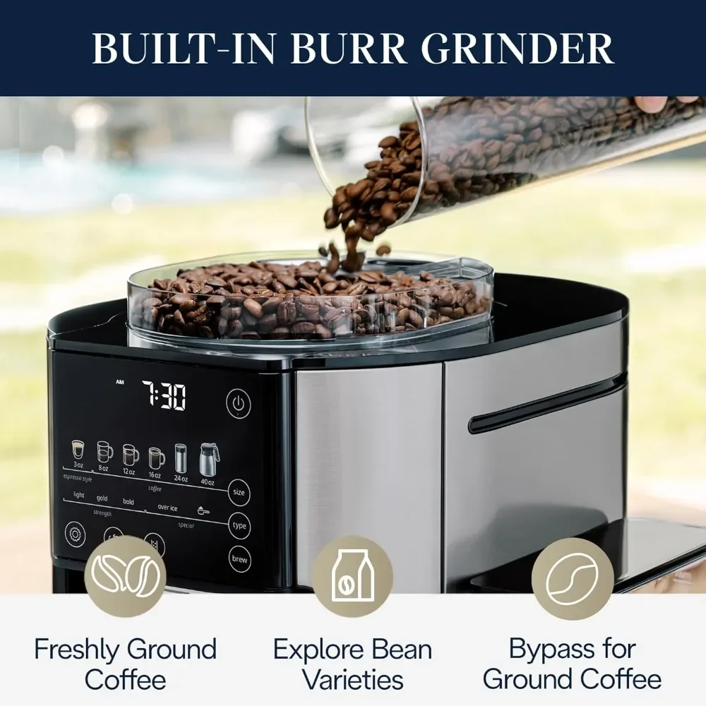 De'Longhi TrueBrew Drip Coffee Maker, Built in Grinder, 8 oz to 24 oz with 40 oz Carafe, Hot or Iced Coffee, Stainless