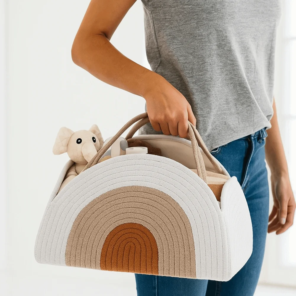 

Multifunctional Baby Diaper Bag Large Capacity with Handle Woven Basket Folding Cotton Rope Diaper Organizer Travel Tote