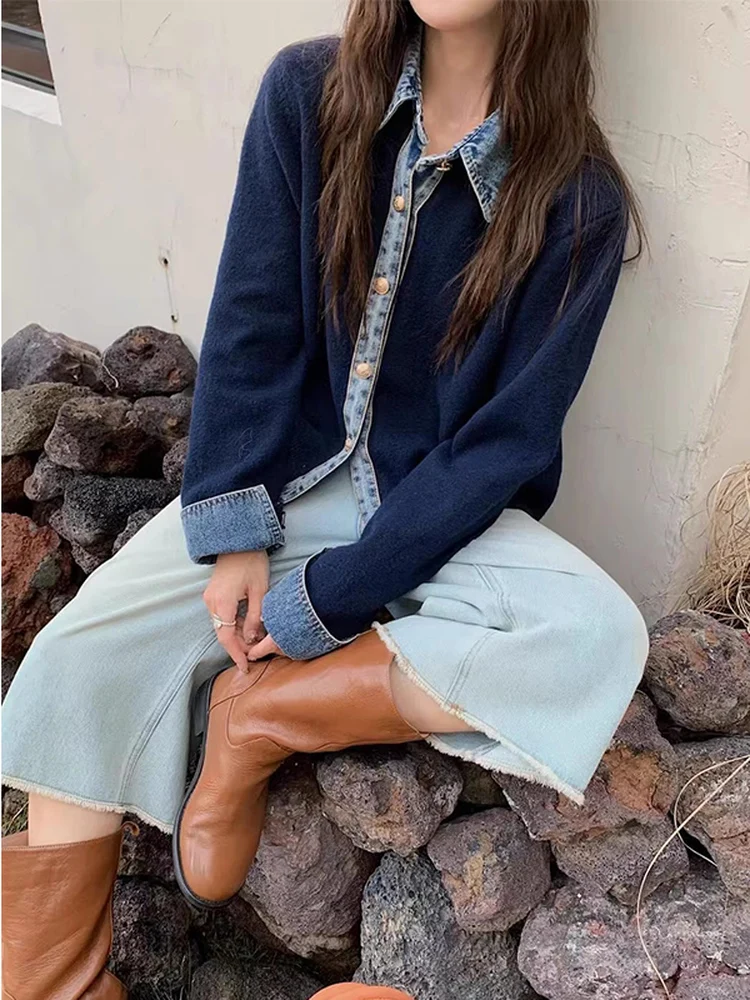 

Женский повседневный вязаный свитер в стиле кэжуал, осенний модный укороченный кардиган с джинсовыми вставками, свободного кроя, с открытым передом