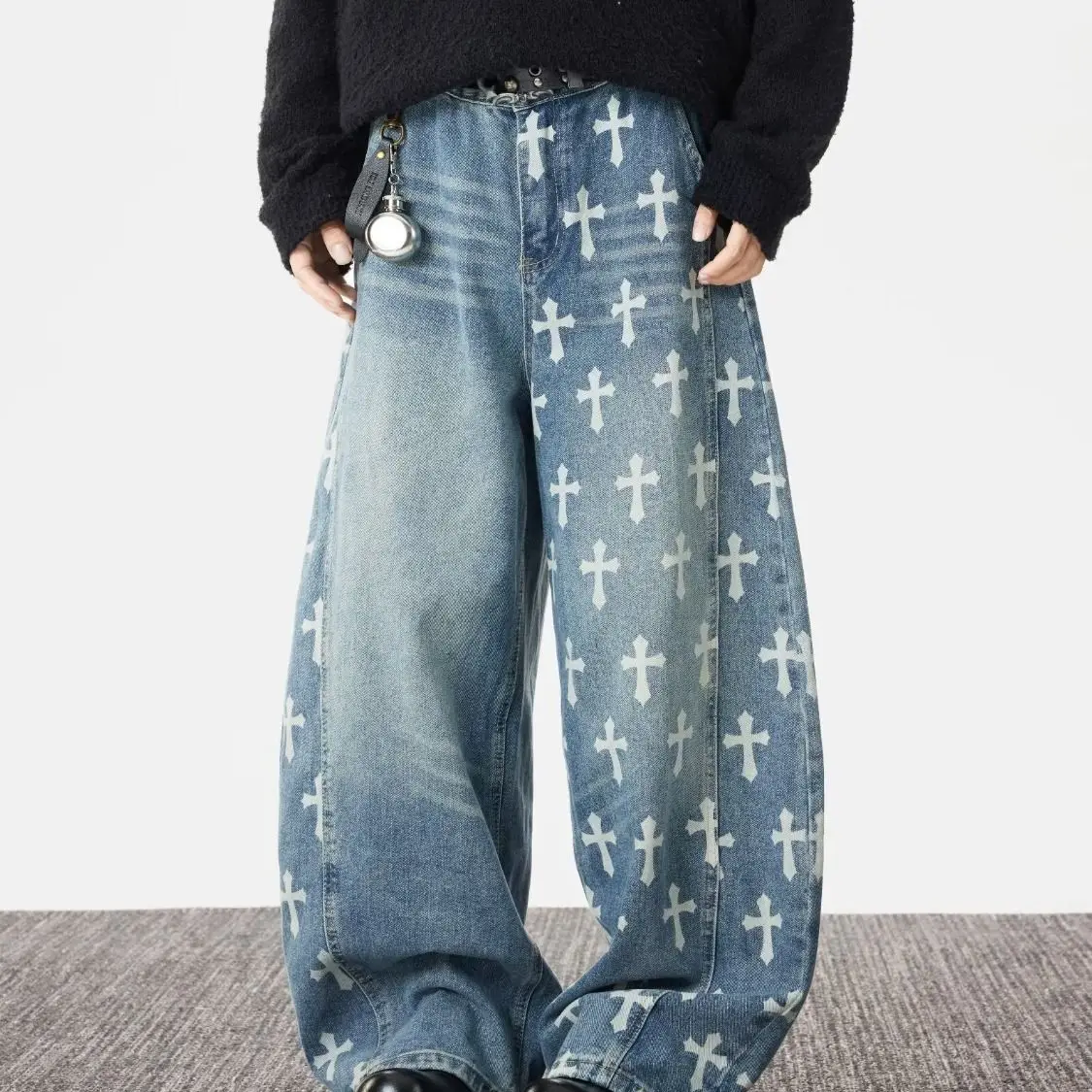 

Washed Jeans Men and Women Street Loose Wide-leg Casual Scimitar Long Pants Men