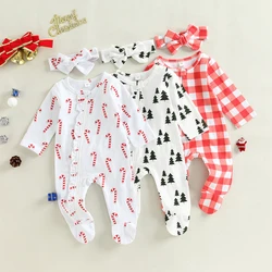 Lioraitiin 0-6M Infant Baby Girls Boys Christmas Footed Romper Crutch/Plaid/Xmas Tree Print Long Sleeve Ruffled Zipper Jumpsuit