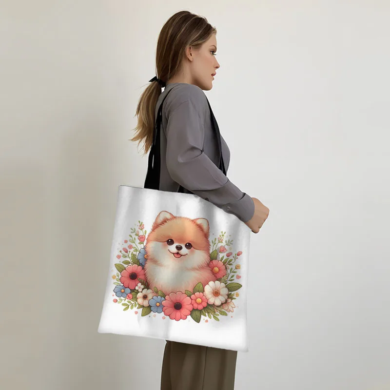 Flowers Puppy Dog Print Shopping Bags Cute Husky Chihuahua Pomeranian Women Handbag Totes Bag Animals Storage Bags Shopper Bag