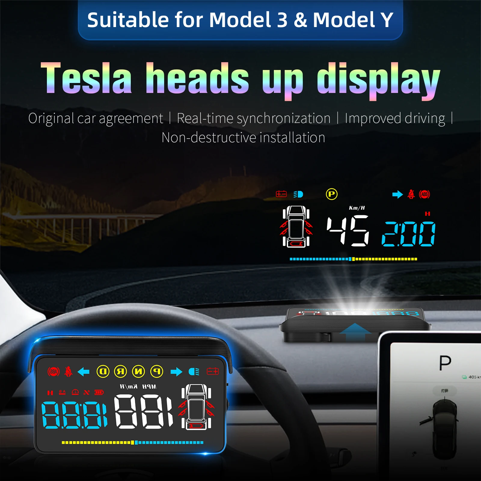 WiiYii Factory Direct 4-inch LED GPS Head-Up Display Speedometer Auto Meter Type-C Connection for Tesla Model 3/Y Model T4