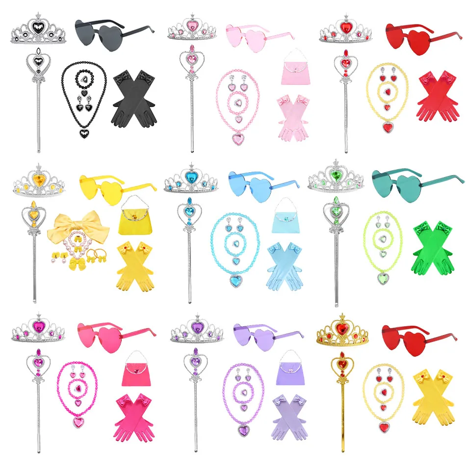 

Girls Elsa Princess Accessories Halloween Cosplay Fancy Dress Up Glasses Gloves Crown Wand Neacklace Bracelet Set Birthday Gifts
