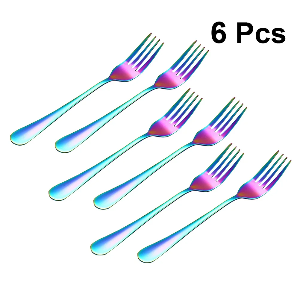 

6pcs Colorful Forks Stainless Steel 4-Teeth Dinner Forks Smooth Polished Western Food Serving Tableware For Home Kitchen Fruit