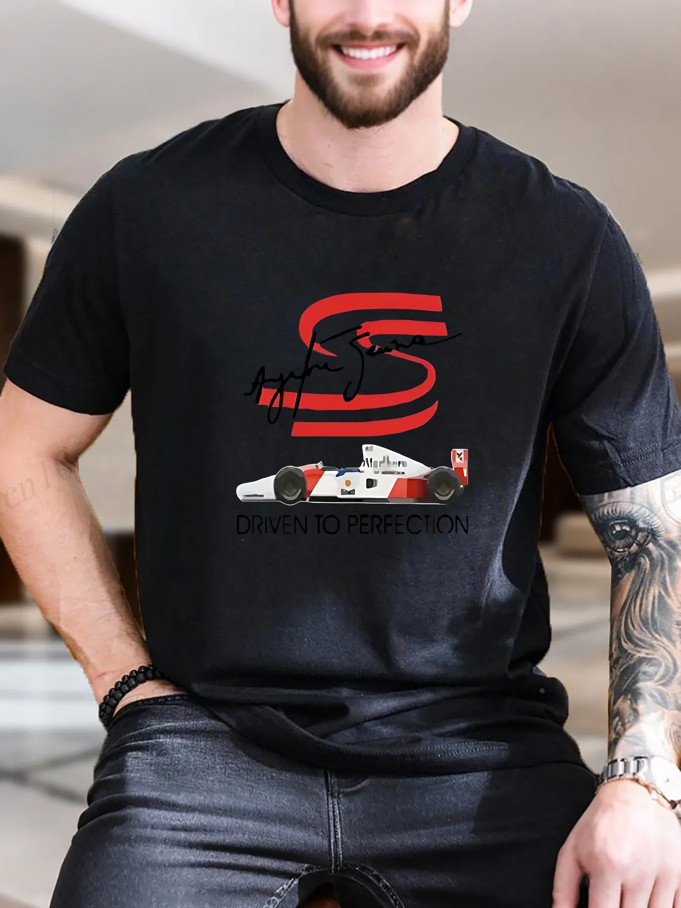 

New Arrival Fashion Men's Printed Short Sleeve T-Shirt Stylish Red White Race Car Design 100% Cotton Breathable Tee for Casual S