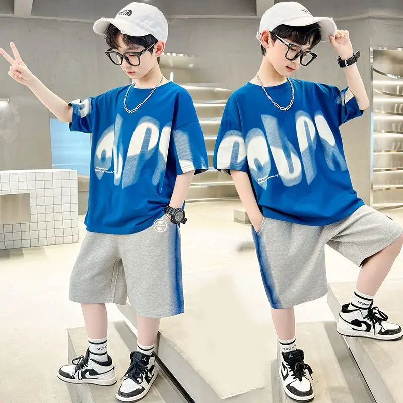 Boys Summer 2pcs Hiphop Style Leisure T-shirts+Pants Short Sleeved Suits 4-14 Years Teenage Korean Style Kids Streetwear Clothes