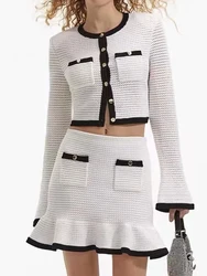 Spring Summer New Women's Splices Knitted Set Flare Sleeve Single Breasted O-Neck Jacket or Ruffled Trim Mini Skirt Ladies 2024