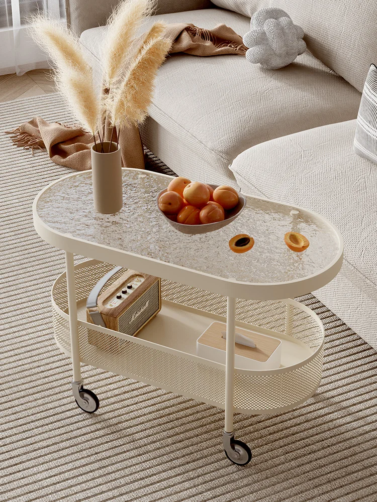 

Cream Style Glass Sofa Side Table Simple Modern Living Room Home Coffee Table Snack Trolley