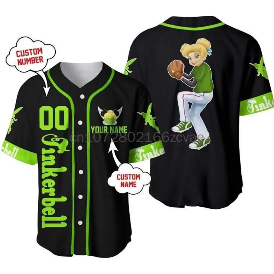 New Disney Tinker Bell Baseball Jersey Men\'s Women\'s Kids Short Sleeve Button Baseball Shirt Casual Sports Shirt