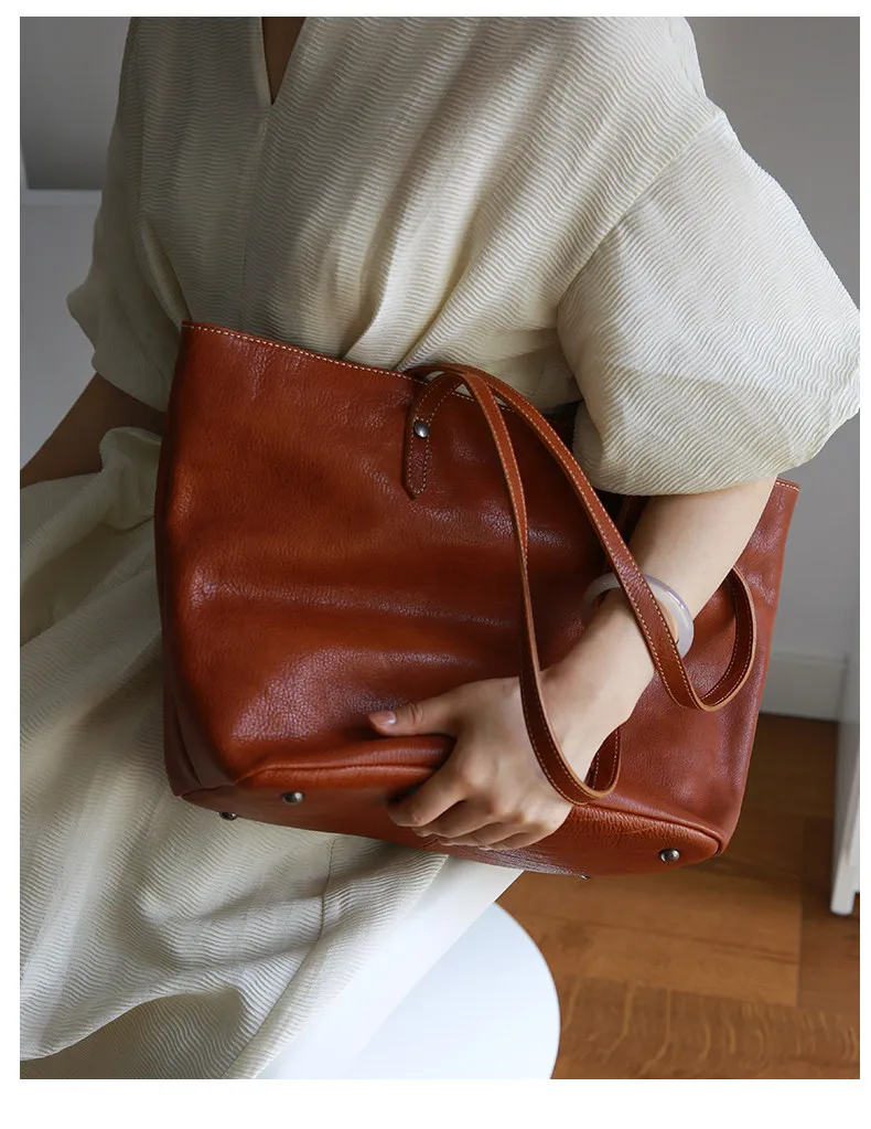 PNDME einfache, handgefertigte Vintage-Tasche aus echtem Leder, große Kapazität, Damen-Handtasche, Freizeitmode, Einkaufstasche aus Rindsleder, Schultertasche – Detail 11