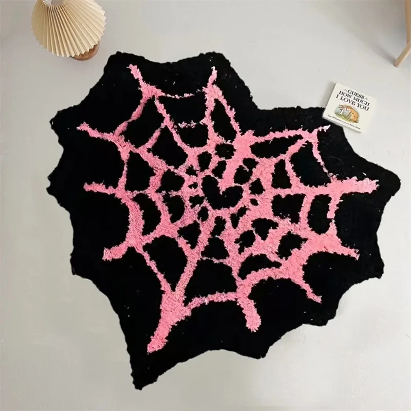 Gothic Spider Web Heart Shape Tufted Rug Irregular Fluffy Plush Carpet Soft Thick Absorbent Floor Mat Halloween Dcorative Rug