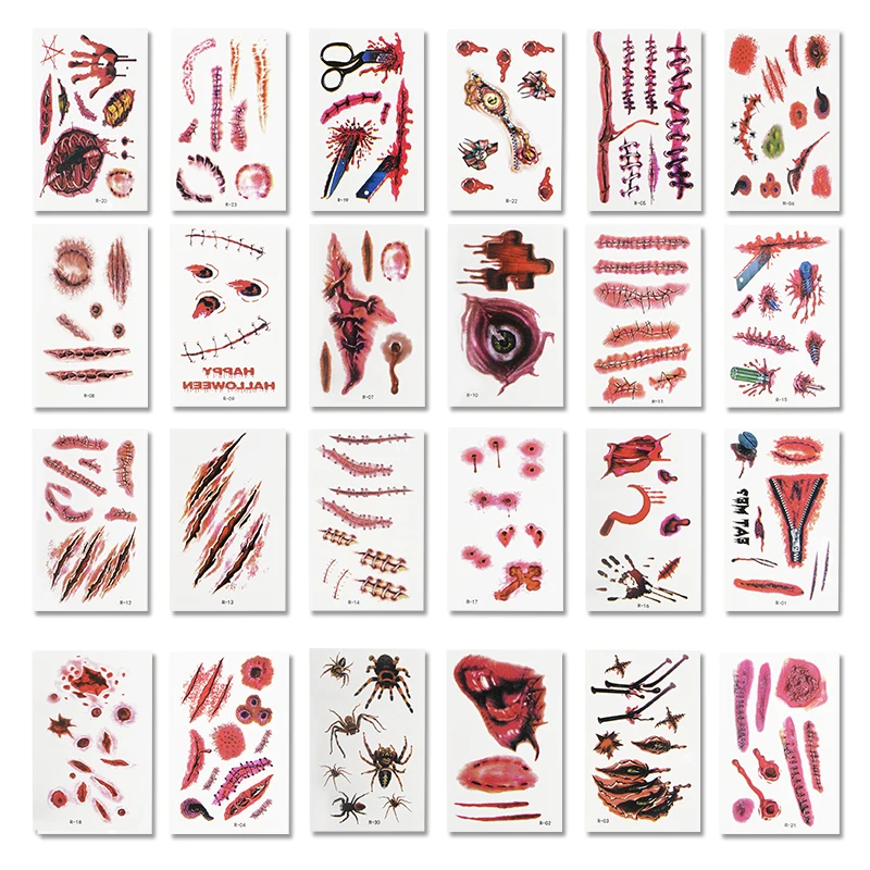 30Pcs Realistic Halloween Tattoo Stickers Simulation Bloodstain Horror Scar Sticker For Costume Party Prop Halloween Decoration