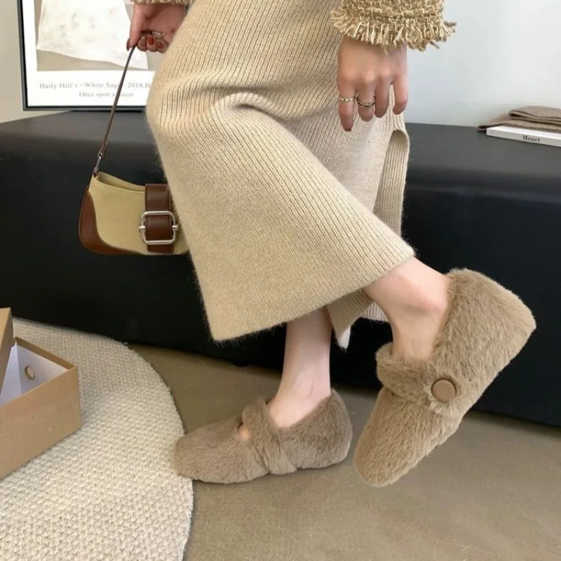 Fairy White Furry Mary Janes Women Warm Mink Fur Shoes Winter Cotton Lined Flats Slip on Ballerinas Ladies Barefoot Wool Loafers view 4