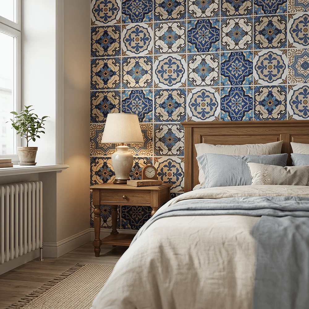 Blue Brown Spanish Talavera Tile Peel & Stick Wallpaper, PVC Self-Adhesive Contact Paper for Kitchen Backsplash & Bathroom Decor view 4