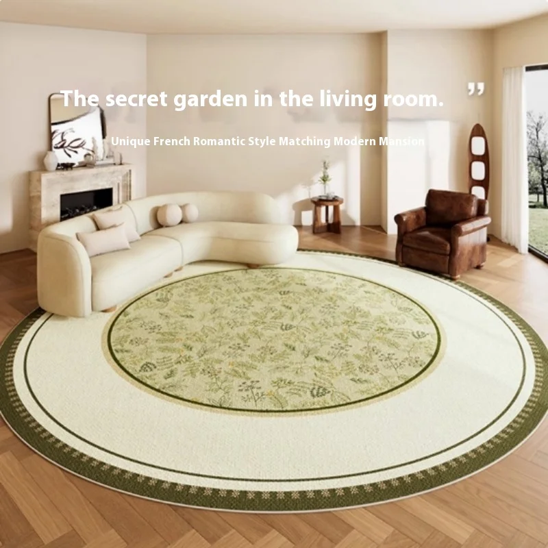 Vintage Round Carpet – Olive Green Floral Border with Central Printed Pattern, Slip-Resistant Surface for Living Room Decor