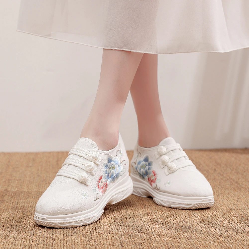 Veowalk Sneakers goffe da donna ricamate in cotone bianco Scarpe basse da donna casual antiscivolo comode e morbide da passeggio per papร