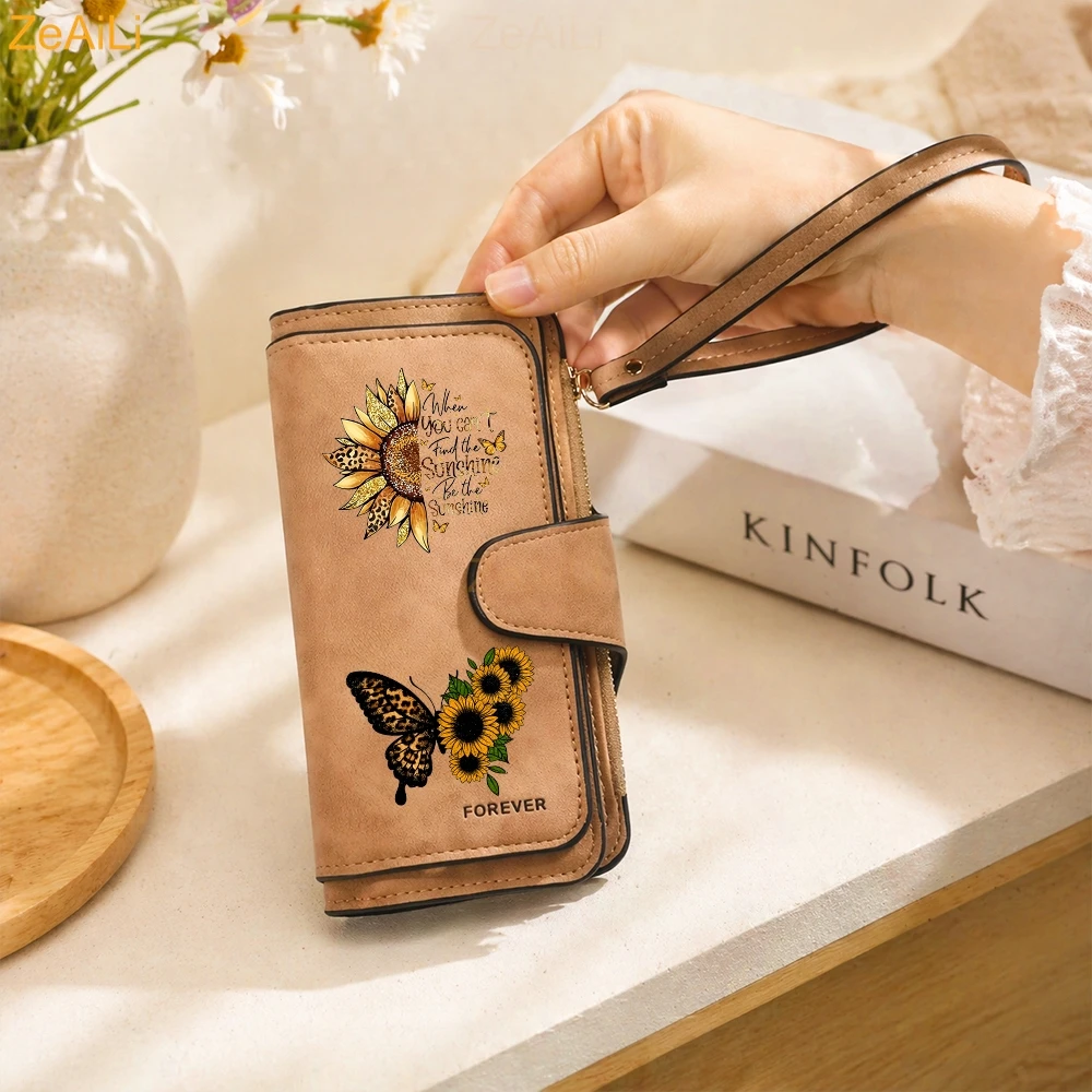 Carteras de cuero para mujer con diseño de mariposa y girasol, estilo pastoral, con cremallera larga, bolso de mano grande para mujer, tarjetero