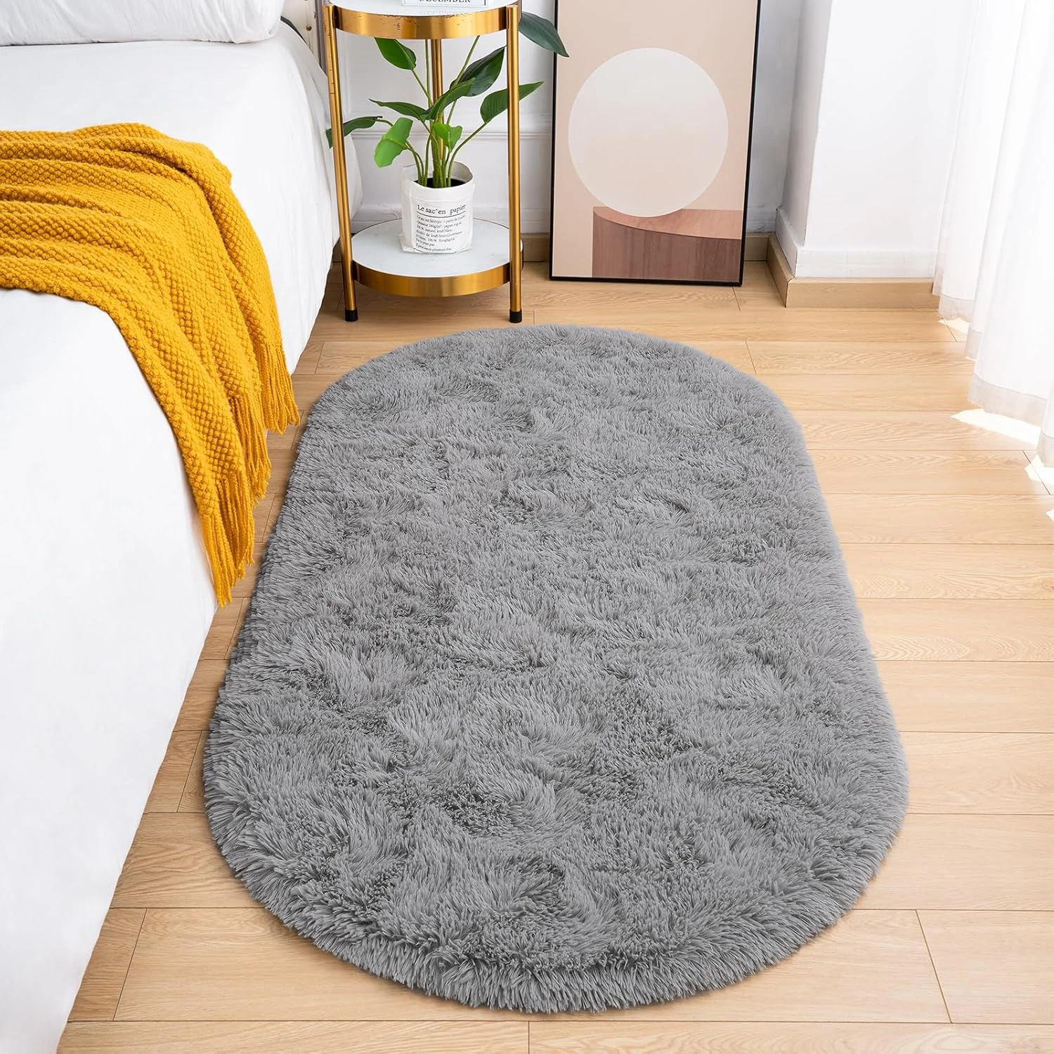 VIKAMA Solid Color Oval Fluffy Area Rug Durable Easy Care Soft Floor Mat For Bedside Dormitory Living Room Home Decor