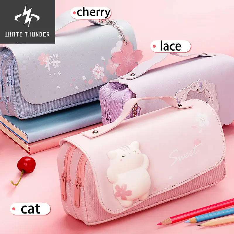 Sakura Pencil Bag PU Leather Pen Case Kawaii Stationery Ruler Pouch For School Girl Sweet Eraser Holder Gift Box Flowers Storage