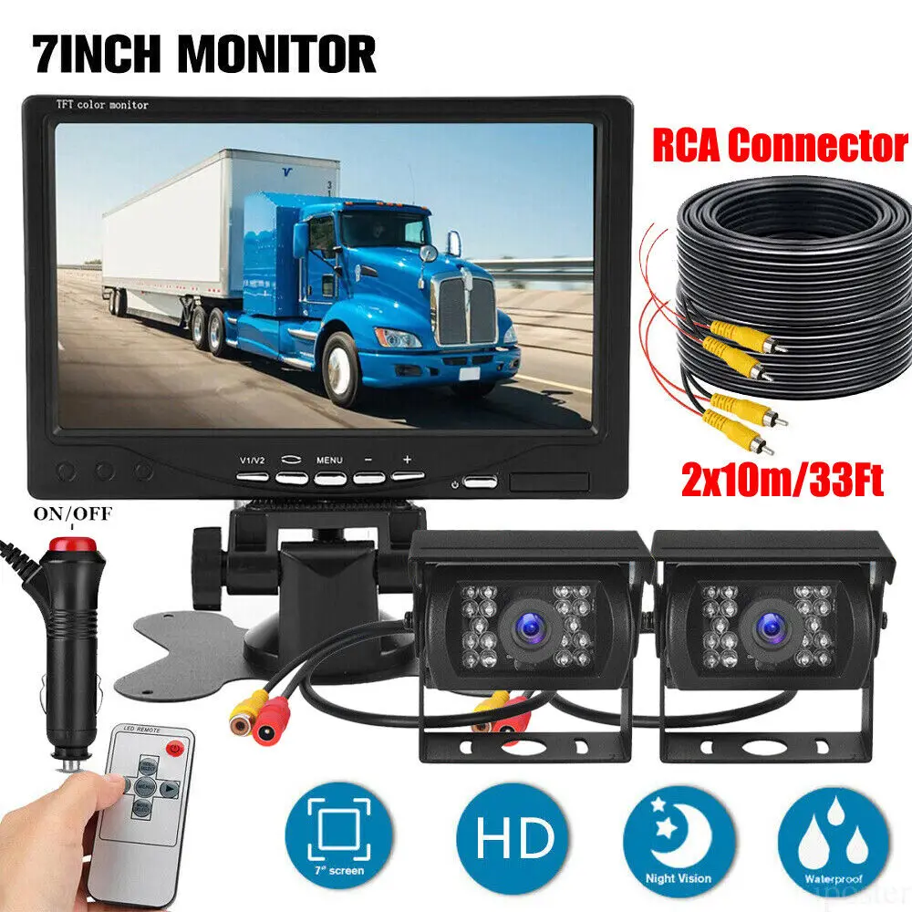 

2x IR Backup Camera Night Vision Waterproof 7"Rear View Monitor For RV Truck Bus