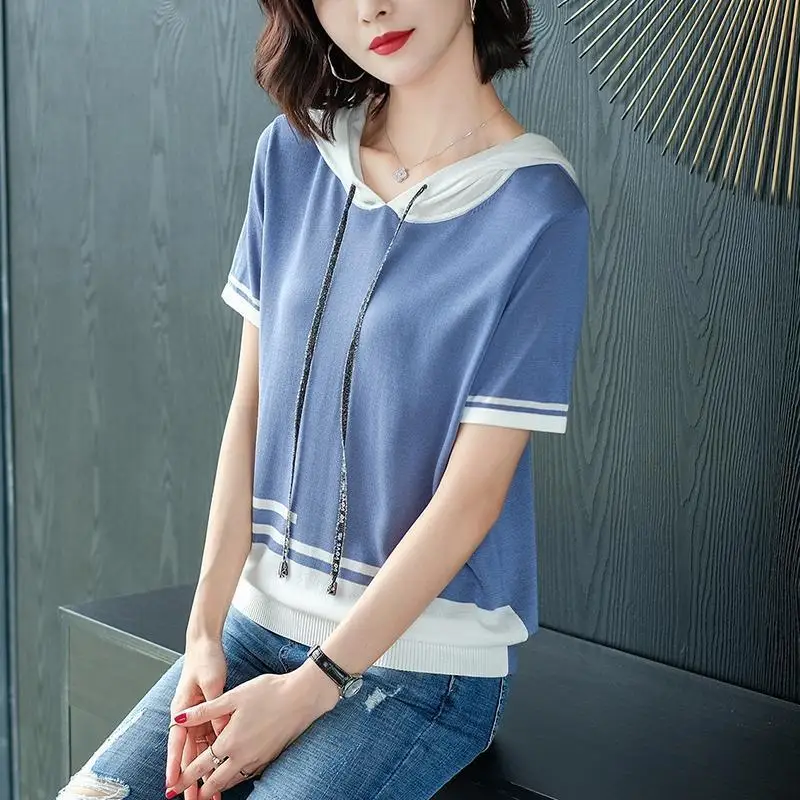 Women\'s Summer New Hooded Pullover Knitted Shirt Fashion Sweet T-shirt Contrast Spliced Versatile Casual Thin Short Sleeved Tops