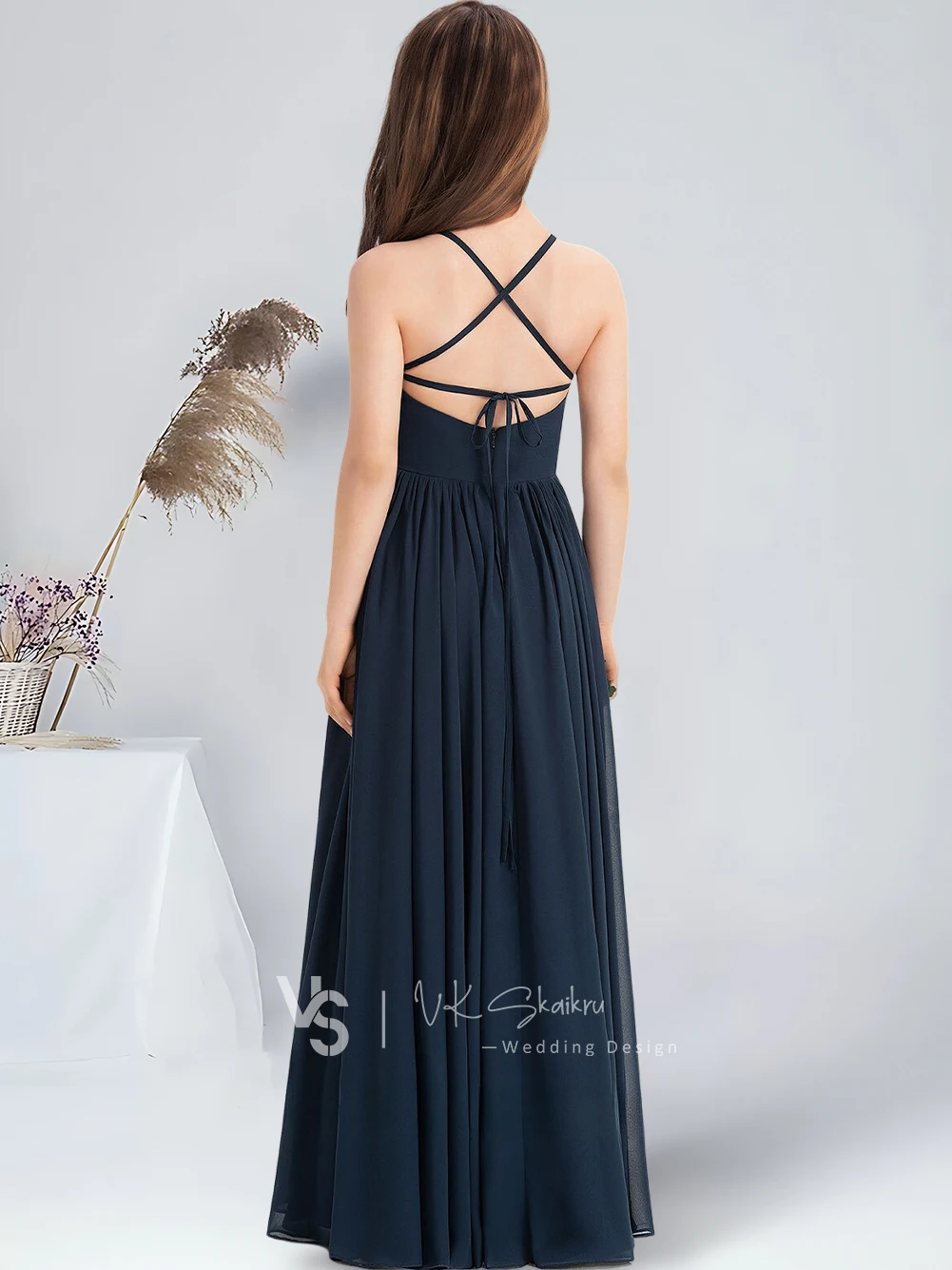 A-line Square Floor-Length Chiffon Junior Bridesmaid Dress With Bow Dark Navy Flower Girl Dress for Wedding Communion Dresses