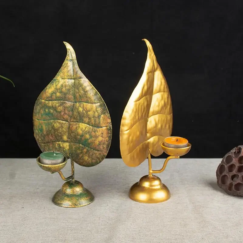 Wrought iron retro style ornament South East Asia Bodhi leaf metal nostalgic retro gold dining table decoration candlestick