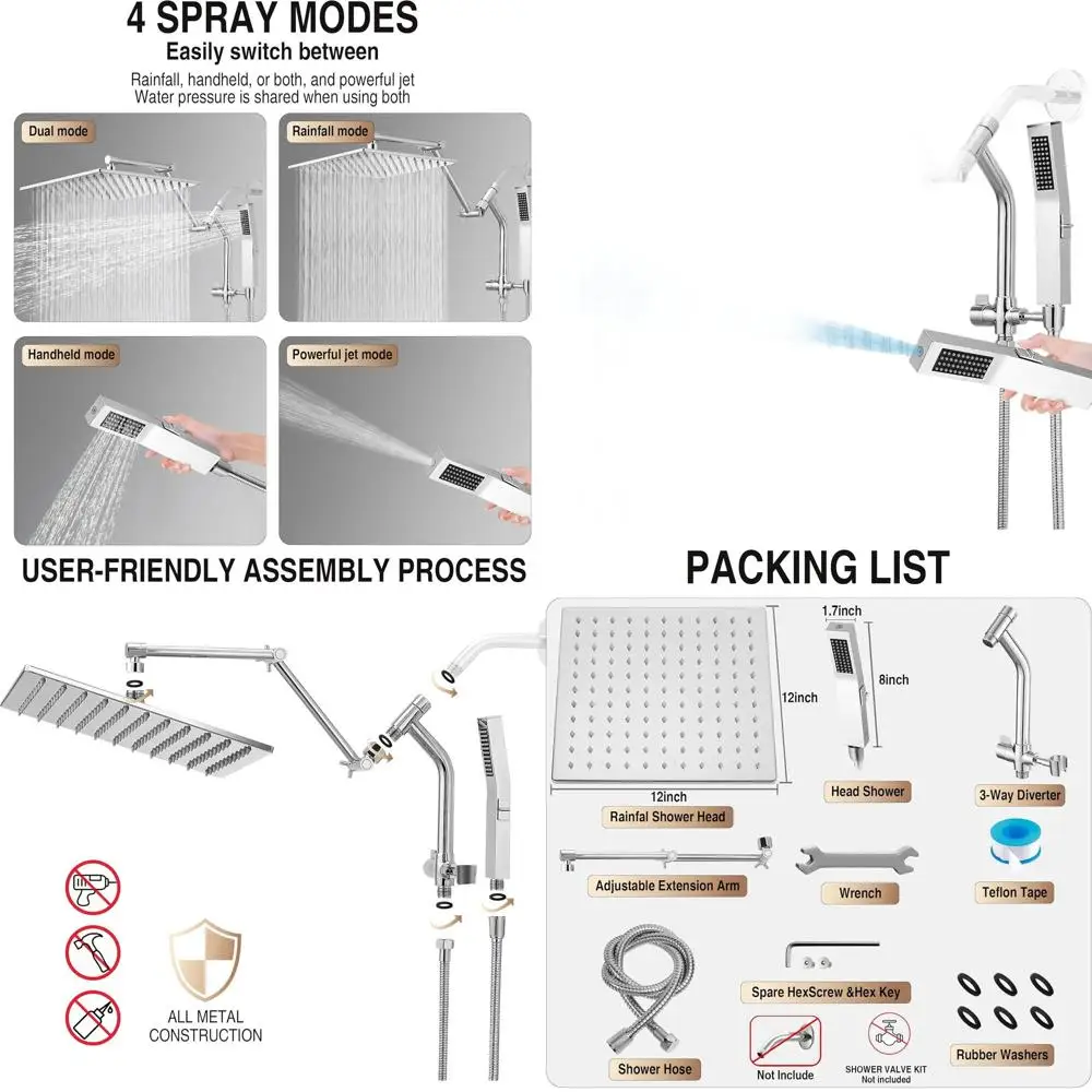 

12 Chrome Shower System: Rain & Handheld with Power Wash, Adjustable Arm