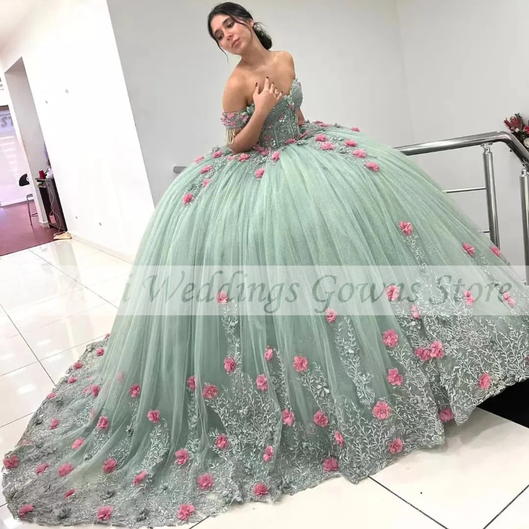 Luxury Green Sweet Quinceanera Dresses For Mexico Girls 3D Flowers Sweetheart Tassel 15 Birthday Party Prom Dress Robe De Bal