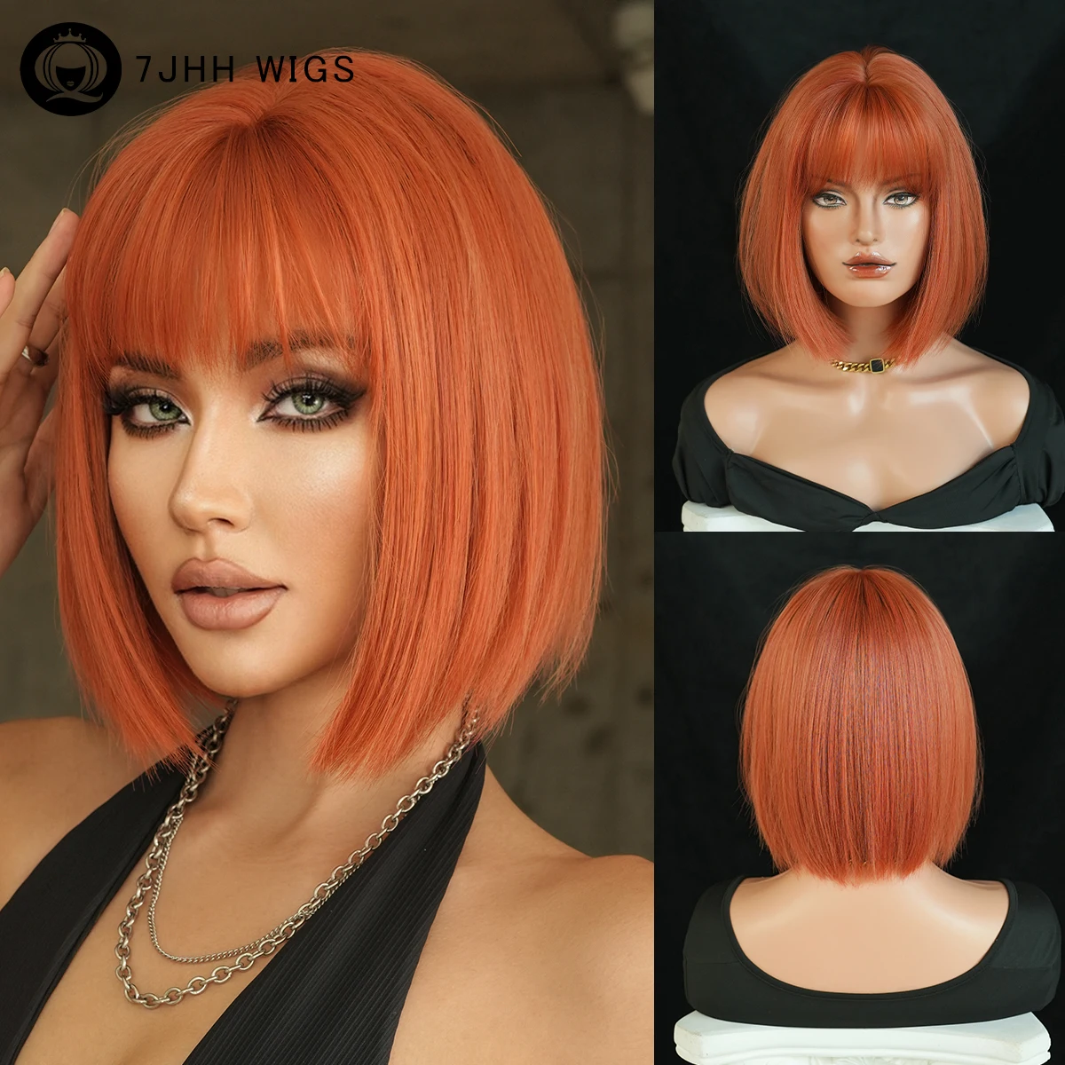 7JHH WIGS Kurze, glatte, orangefarbene Perücke für Damen, synthetisch, hitzebeständig, modisch, sofort tragbar, kupferfarbene Bob-Perücke mit ordentlichem Pony