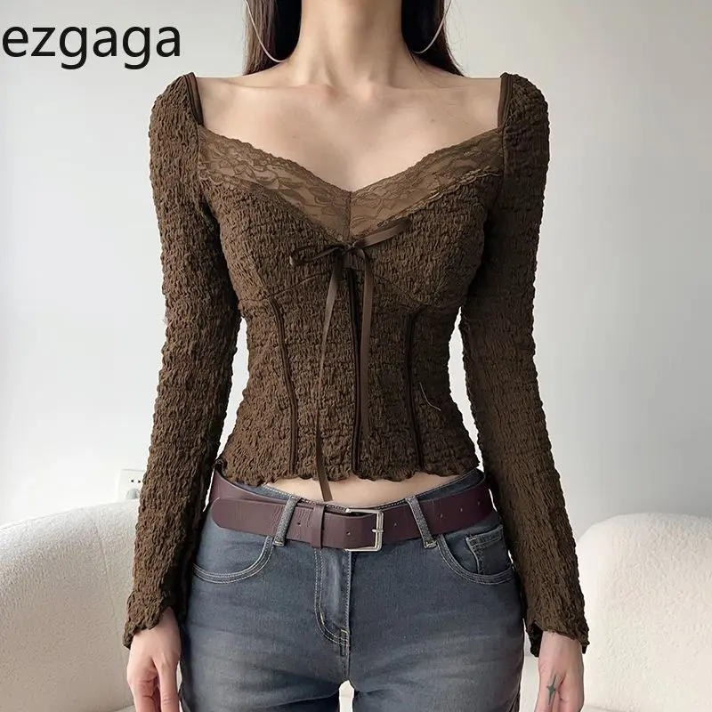 

Ezgaga T Shirts Women Vintage Lace Patchwork Square Collar Slim Crop Tops Bow Fashion Autumn Tee Shirt Female Casual Club