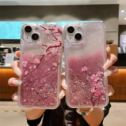 Sabbie mobili con glitter rosa per iPhone 15 Pro Max 13 14 Custodia Cover Fiore di pesco Coque in silicone con sabbia liquida Funda Arena Movediza