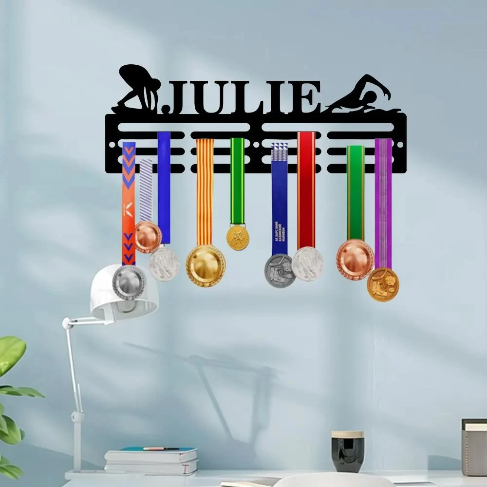 Custom Swimming Medal Hanger Display, Metal Swim Medal Holder, Personalized Swimmer Ribbon Display Rack, Competition Award